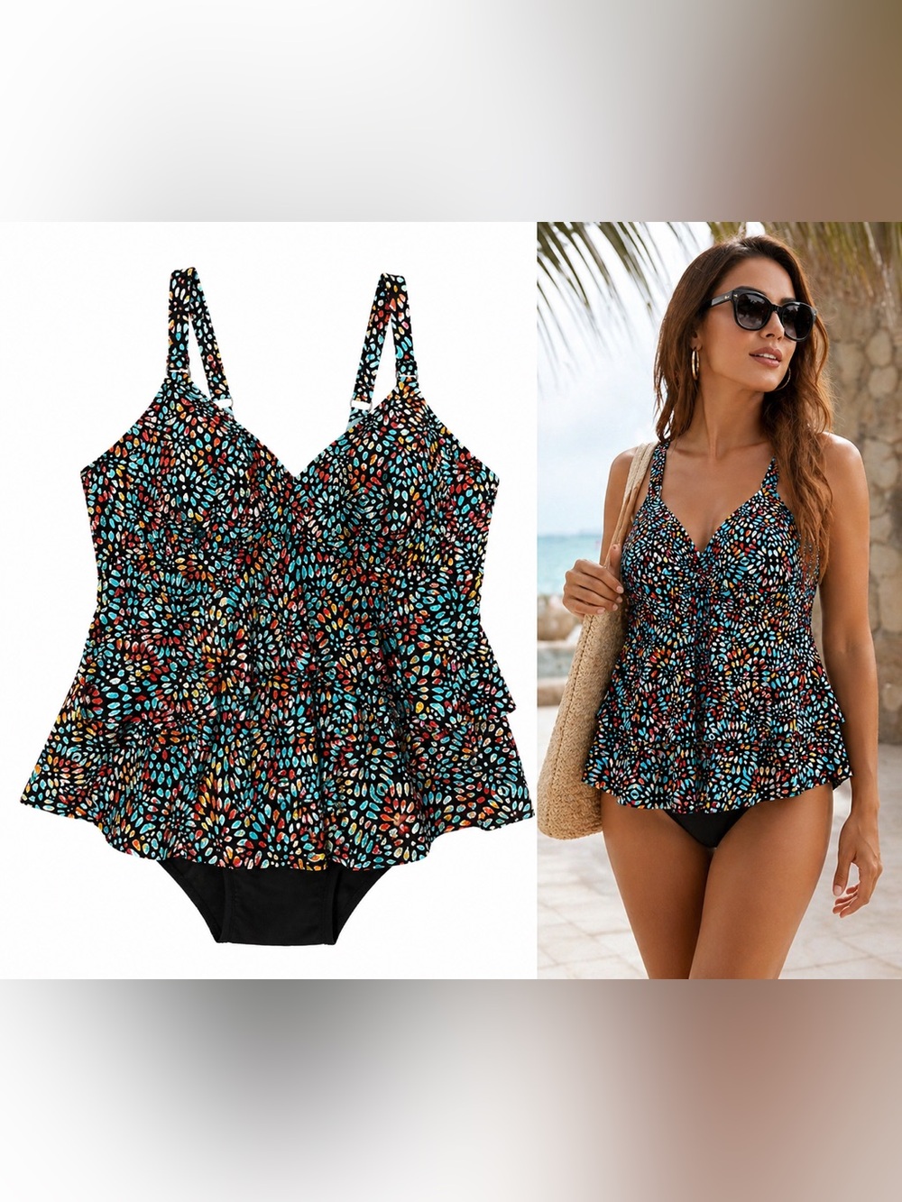 Mosaic Tankini Ruffle V Neck Tummy Control Swim Colorful Geometric Floral Beach